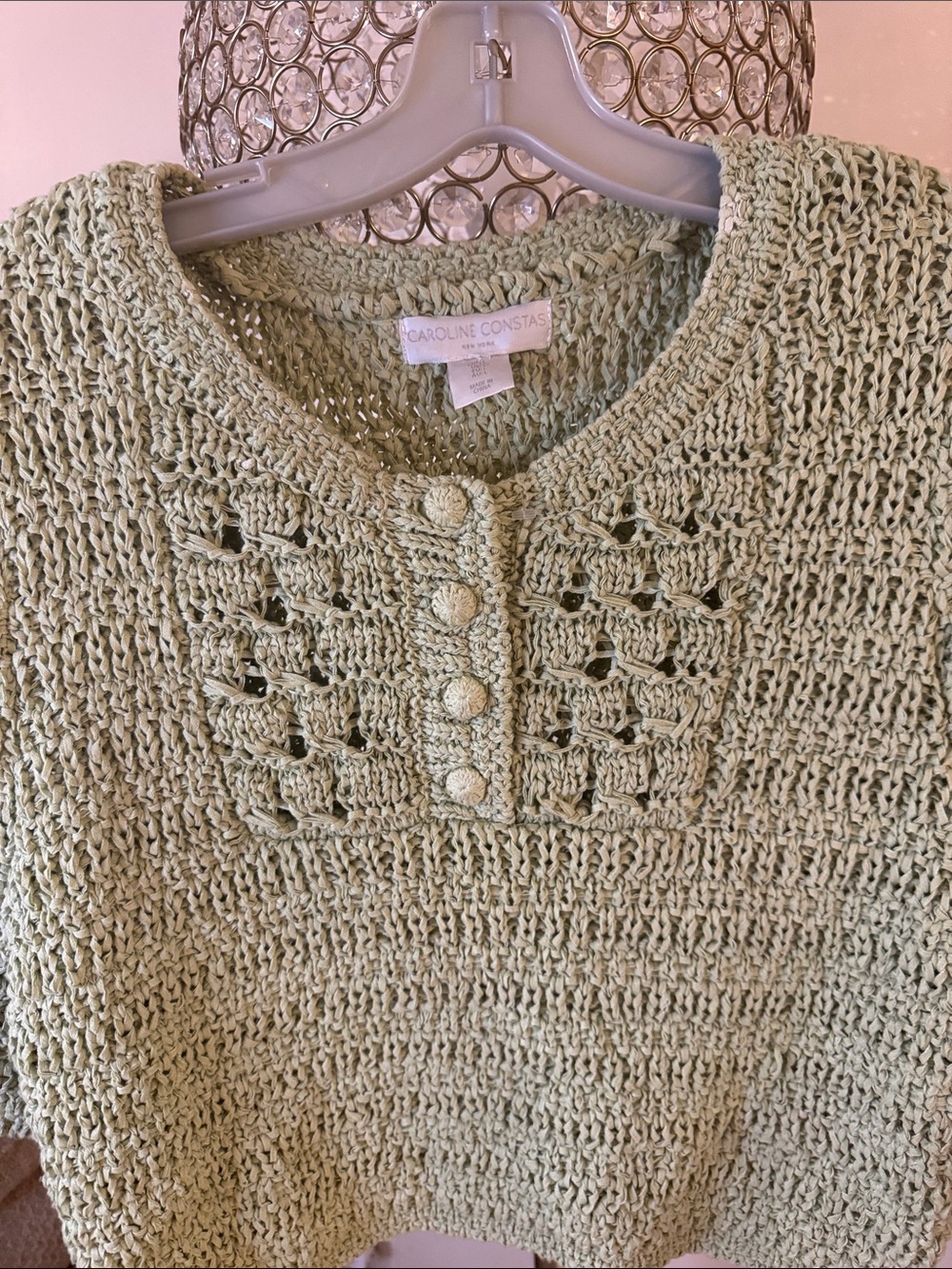 Caroline Constas Light Sage Crochet Knit Short-Sleeve Top size L - Picture 4 of 5